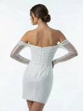 Chic Short Sequined Backless Wedding Dress With Long Detachable Sleeves
