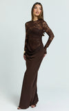 Crisanta Maxi Dress Long Sleeve Contrast Lace Bodycon Dress in Chocolate