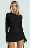 Primrose Mini Dress Slash Neck Long Sleeve A Line Dress in Black