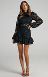 Kiss Me Now Mini Dress Long Puff Sleeve Dress in Black Lace
