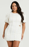 Laila Mini Linen Blend Dress High Neck Side Cut Out Puff Sleeve Straight Dress in Off White