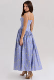 blue daisy print stretch cotton midi sundress