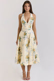 lemon ribbon stretch cotton halter midi sundress