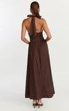 Everly Midi Dress Tie Halter Neck Button Down Bodice Fit And Flare Dress in Chocolate