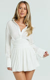 Valerie Mini Dress Collared Long Sleeve Waist Shirt Dress in White