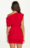 Nalfie Mini Dress Tipped Shoulder Jersey Drape Dress in Red