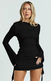 Primrose Mini Dress Slash Neck Long Sleeve A Line Dress in Black