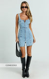Chrysoula Mini Dress Square Neck Zip Front Sleeveless Bodycon Denim in Light Blue Wash