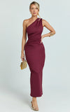 Karlie Midi Dress One Shoulder Fitted Dress in Wine