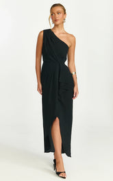 Namaari Midi Dress Faux Wrap One Shoulder Dress in Black