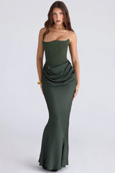 emerald green crepe strapless corset maxi dress