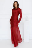 Exquisite Luxury Satin Long Sleeve Maxi Dress Burgundy
