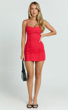 Gigi Mini Linen Blend Dress Sweetheart Tie Back Scallop Detail Dress in Red