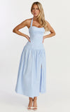Nyx Midi Dress Halter Neck Drop Waist Dress in Blue