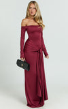 Judith Maxi Dress Boat Neck Backless Tie Front Long Sleeve Jersey Dress in Wine
