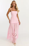Everly Maxi Dress Straight Neck Broderie Cut Out Hem Dress in Pink