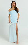 Leticia Maxi Dress Mesh Off Shoulder Ruched High Split Dress in Blue