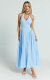 Athena Midi Dress Halter Drop Waist Dress in Blue
