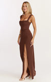 Donna Maxi Dress Cowl Neck Column High Split Dress in Chocolate