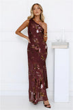 Opulent Bloom One Shoulder Maxi Dress Burgundy