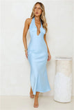 Undeniably Magnetic Halter Satin Maxi Dress Blue