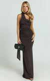 Larson Maxi Dress Asymmetric Tie Neck Column Dress in Chocolate