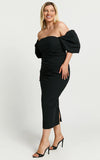 Lohan Midi Dress Off Shoulder Puff Sleeve in Black