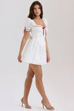 white broderie anglaise puff sleeve mini dress