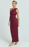 Karlie Midi Dress One Shoulder Fitted Dress in Wine