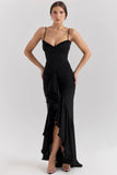 black mesh ruffled front gown