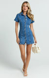 Laine Mini Dress Button Down Denim Shirt Dress in Mid Blue Wash