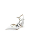 Pearl Pointed Toe Ankle Strap Chunky Heels With Bow