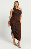 Lovlin Midi Dress One Shoulder Ruched Dress in Chocolate