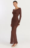 Delphine Maxi Dress Long Sleeve Knit Sheer Pleated Skirt Maxi Dress in Chocolate