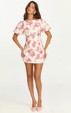 Lila Mini Dress High Neck Puff Sleeve Lace Back Fitted Dress in Toile De Joie Print
