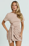 Candace Mini Dress Faux Wrap Shift Dress in Beige