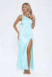 Romance Redefined One Shoulder Satin Maxi Dress Aqua