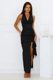 Electric Bloom Halter Maxi Dress Black