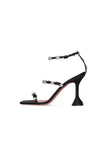 Black Ankle Straps Open Toe Chunky Heels with Flower Rhinestones