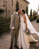 Elegant A Line V Neck Straps Satin Wedding Dresses