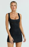 Fabia Mini Dress Denim Square Neck Fitted Dress in Dark Wash