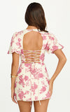 Lila Mini Dress High Neck Puff Sleeve Lace Back Fitted Dress in Toile De Joie Print