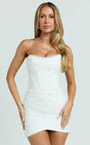 Kelsey Mini Dress Beaded Strapless Corset Panel Dress with Detachable Tulle Skirt in White