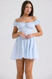 soft blue cotton gathered mini dress