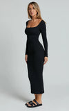 Lucy Midi Dress Ribbed Side Ruched Bodycon Dress in Black