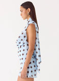 Get Me Halter Mini Dress Blue Mocha Dot