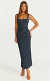 Benita Midi Dress Scoop Neck Ruched Fitted Dress in Navy