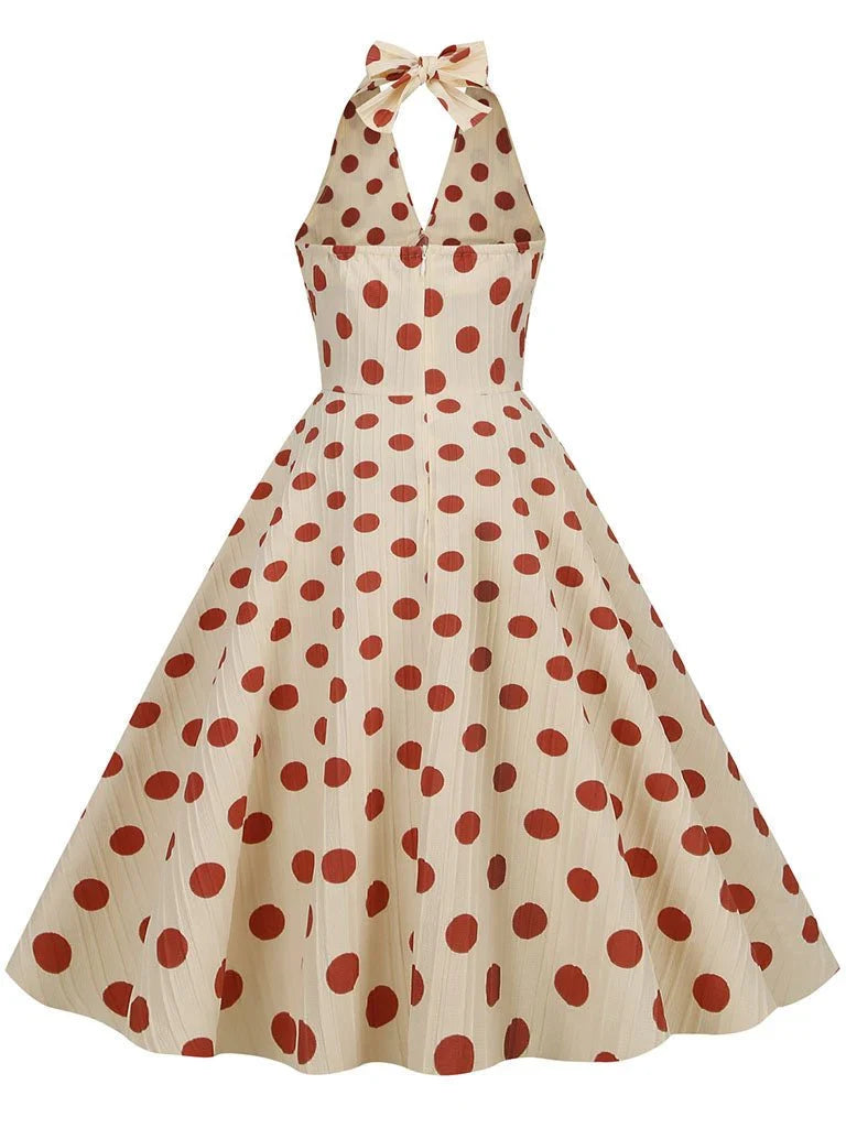 Polka Dots Halter Audrey Hepburn Style 1950S Vintage Dress With Bow Backless