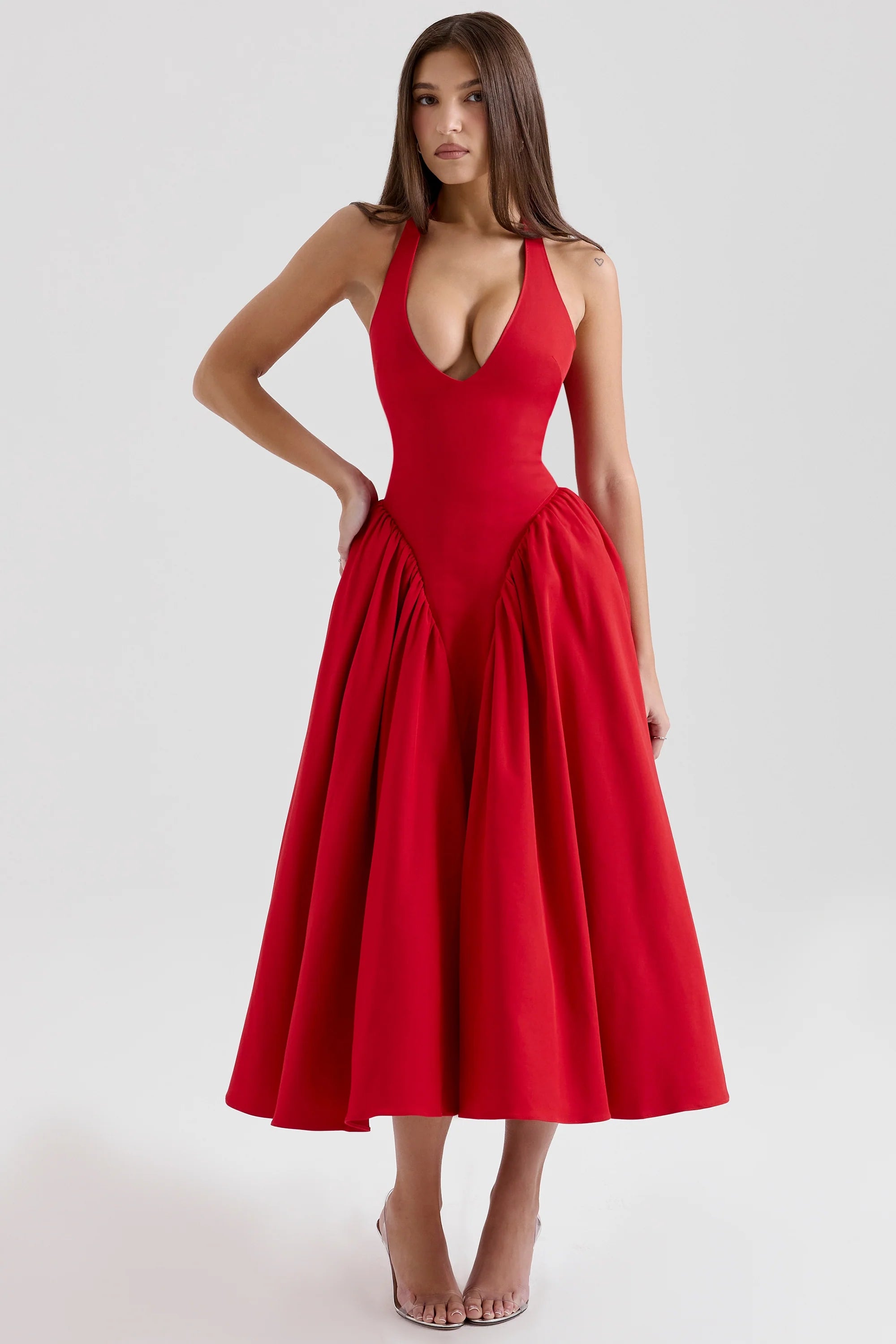 red twill halter midi dress