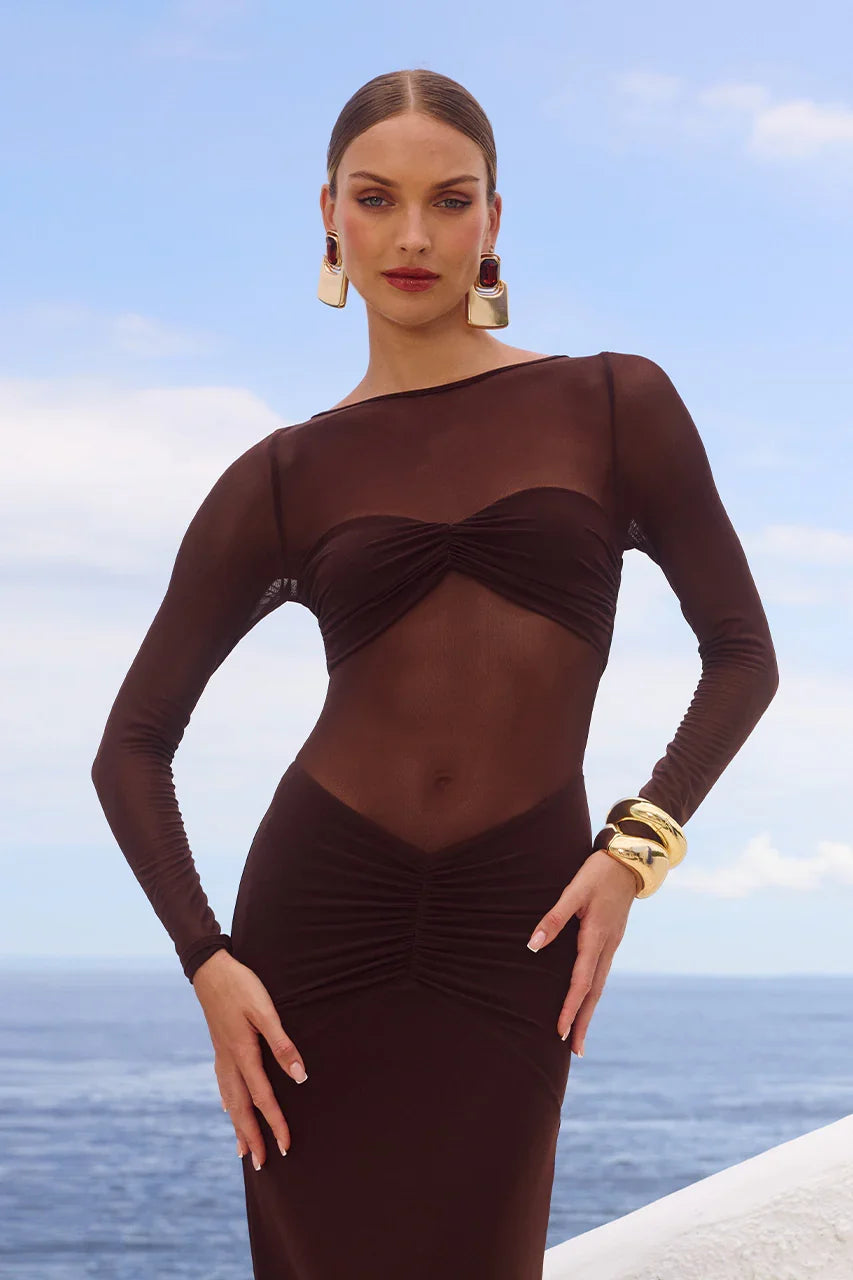ROMY SLEEVED RUCHED MAXI DRESS BITTER CHOCOLATE